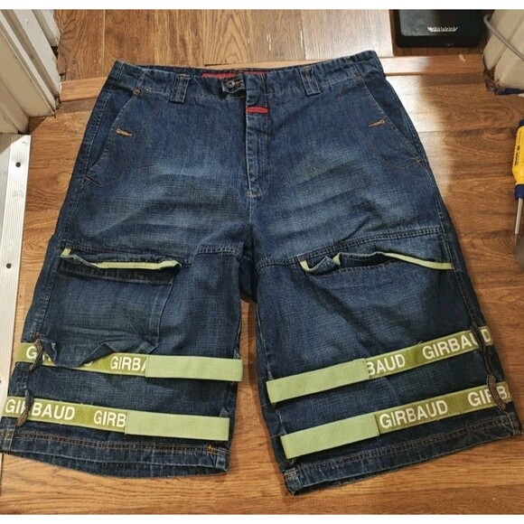 Vintage Marithe Francois Girbaud Baggy Jean Shorts Rare Green Double Strap Sz 40 - Picture 1 of 9